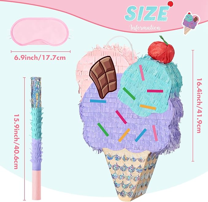 WERNNSAI Ice Cream Piñata - Summer Ice Cream Party Decorations for Kids Girls Birthday Pink Pinata Game Candyland Sweet Theme Party favors supplies with Bat Blindfold