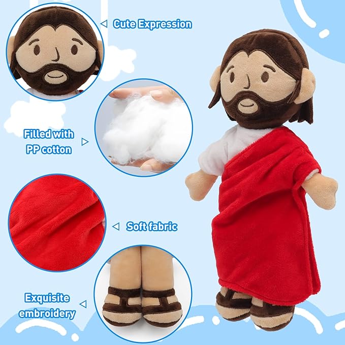 Brown Jesus Plush Doll Guardian Baptism Stuffed Plushie Savior Toy Gifts for Church Sunday School Religious Easter Gift (RED)
