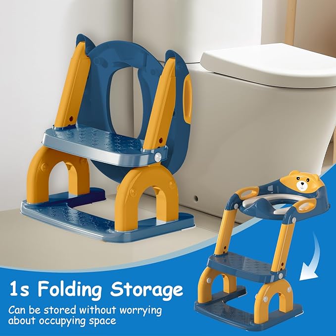 Potty Training Seat with Step Stool for Toddlers - Upgrade 2-in-1 Toilet Seat Toilet Ladder for Kids Children Boys Girls, Anti-Slip Pad & Adjustable Height with Waterproof - Dark Blue