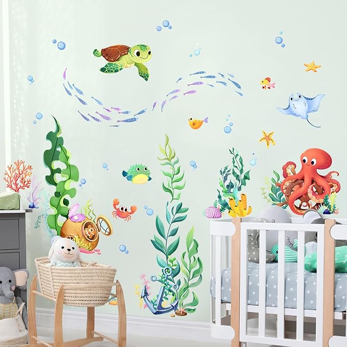Supzone Under The Sea Wall Decals Ocean Fish Seaweed Sea Turtle Octopuses Wall Stickers for Kids Toddlers Bedroom Living Room Baby Nursery Wall Decor