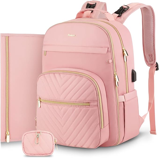 MOMUVO Diaper Bag Backpack, Quilted Baby Bag with Changing Pad & Stroller Straps & Pacifier Case, Large Travel Diaper Bags for Mom Dad, Pink