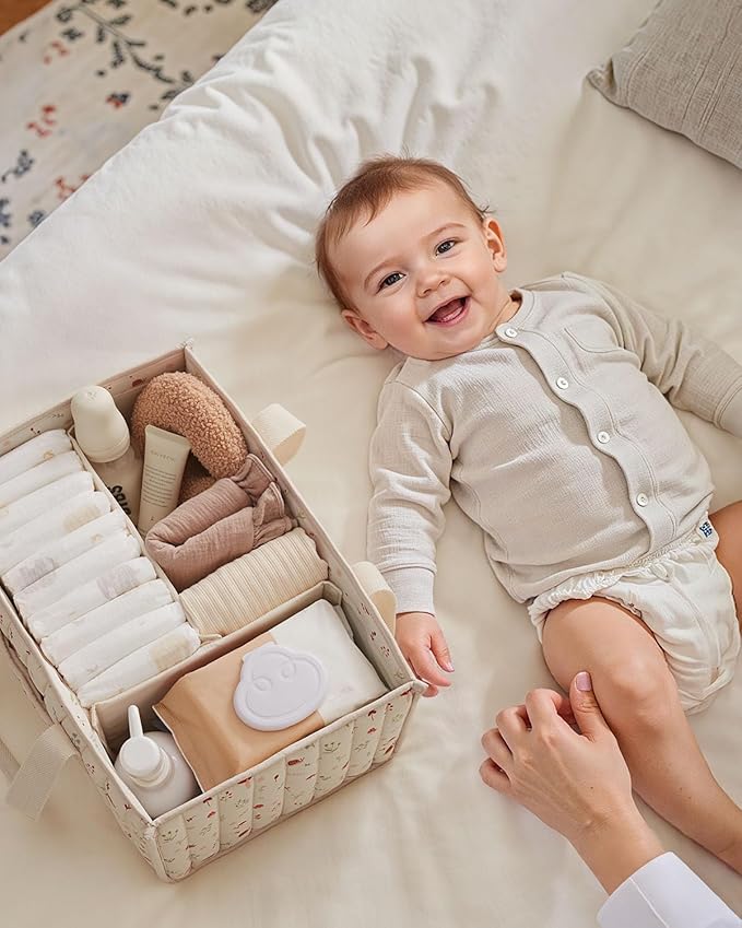 Blissful Diary Woodland Diaper Caddy Organizer, Stylish Nursery Storage Basket, Gift for Baby Shower, Newborn Essentials, Woodland Cream