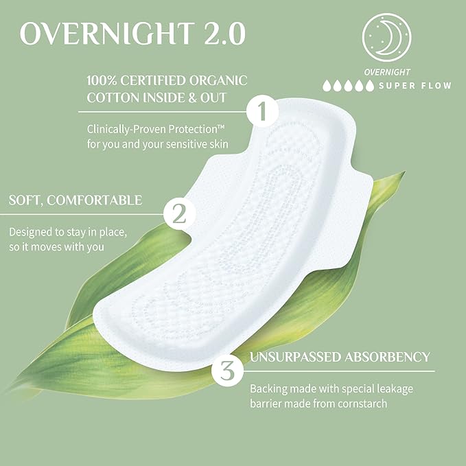 Organyc New and Improved 100% Certified Organic Cotton Inside and Out Overnight Feminine Pads, Heaviest Flow, Super Absorbency, 28 Count