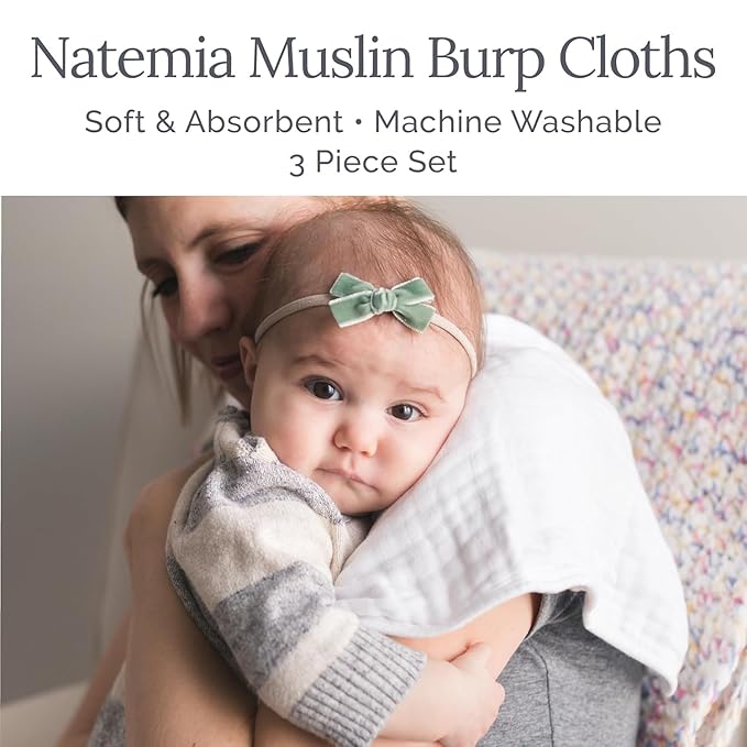 Natemia Muslin Burp Cloths for Baby Boys and Girls - Super Absorbent Baby Burp Cloths, Viscose Derived from Bamboo Cotton Baby Washcloths, 3-Pack Neutral Burp Cloths for Newborn, 21" x 11"
