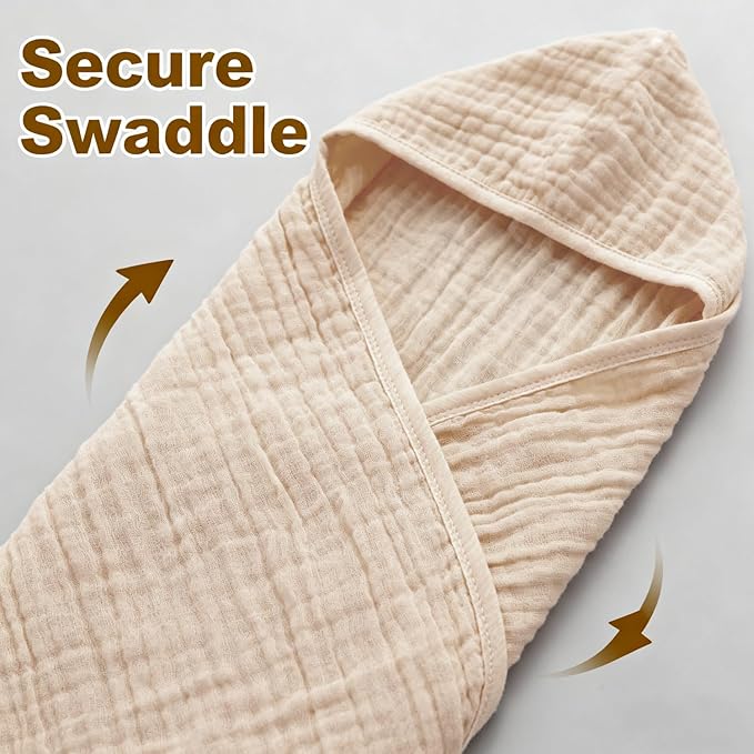 Organic Muslin Hooded Baby Bath Towels - 2 Pack 100% Organic Cotton Towel for Babies, Infants, Toddlers - 32x32Inch - Highly Absorbent and Newborn Essential (Brown Blue)