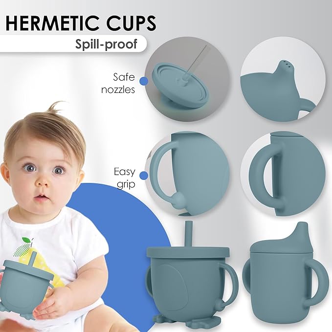 Bluet B- Silicone Baby Feeding Set with Pacifier - Baby Led Weaning Supplies - Baby Spoons, Suction Bowl - Plate - Baby Utensils Set - Silicone Feeding Set for Baby First Foods - 11pcs - Blue