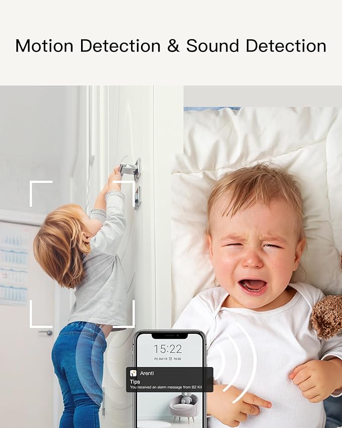 ARENTI B2, 360° View Baby Camera for Pet/Nanny, 2.4g WiFi Only, Temperature Sensor, Sound & Motion Detection, 2 Way Audio, Night Vision, Works Screen2-No Light