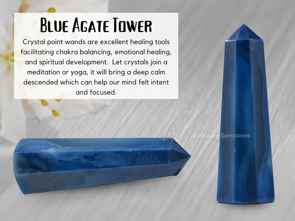 Amazing Gemstone Blue Agate Crystal Towers ~ Natural Healing Crystal Point Obelisk for Reiki Healing and Crystal Grid (3- Inch)