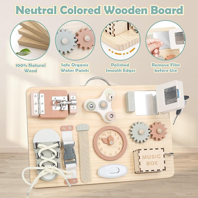 Joyreal Montessori Busy Board for Toddlers - Wooden Sensory Board Activity Board for Fine Motor Skills, Travel Baby Busy Board Sensory Toys for Kids