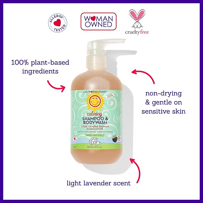 California Baby Calming Baby Shampoo + Baby Wash | 100% Plant-Based | Lavender Body Wash For Sensitive Skin | Hypoallergenic | 562 mL / 19 oz (2-Pack)