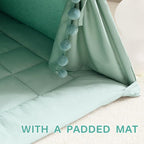 Teepee Tent for Kids with Padded Mat Cotton Canvas Kids Tent with Pompom for Toddlers Indoor Play Tent for Girls Boys with Stars Lights, Carry Bag, Banner Flag (Green)