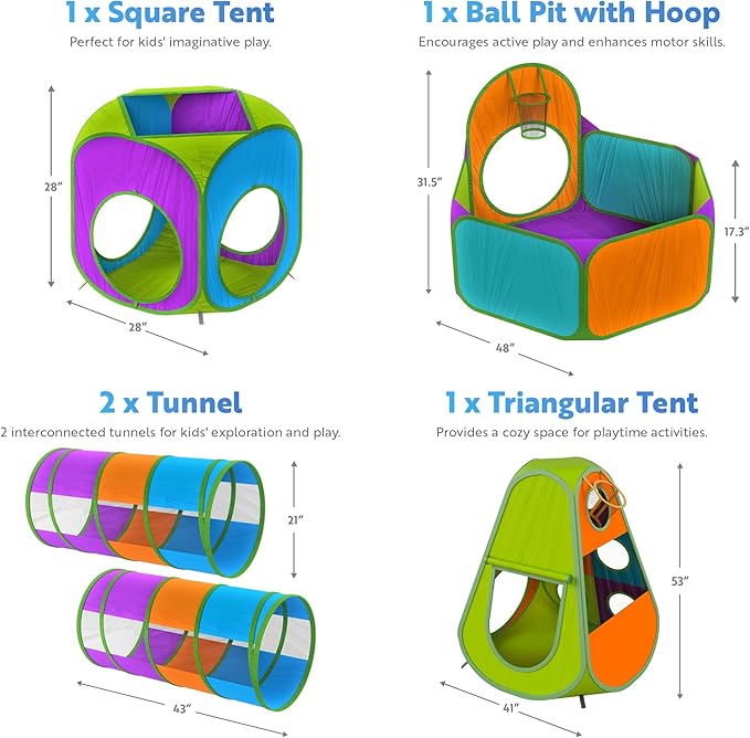 Playz 5-Piece Kids Pop up Play Tent Crawl Tunnel and Ball Pit with Basketball Hoop Playhouse for Boys, Girls, Babies, and Toddlers (Purple, Orange, Yellow, Red, Blue)
