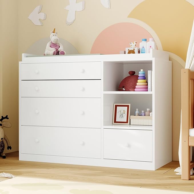 Lovinouse 47" Baby Nursery Dreser Diaper Changing Table Furniture with 5 Drawers and 2 Shelves, Dresser for Baby Nursery with Storage & Removable Changing Top Station,Bedroom,Children's Room, White