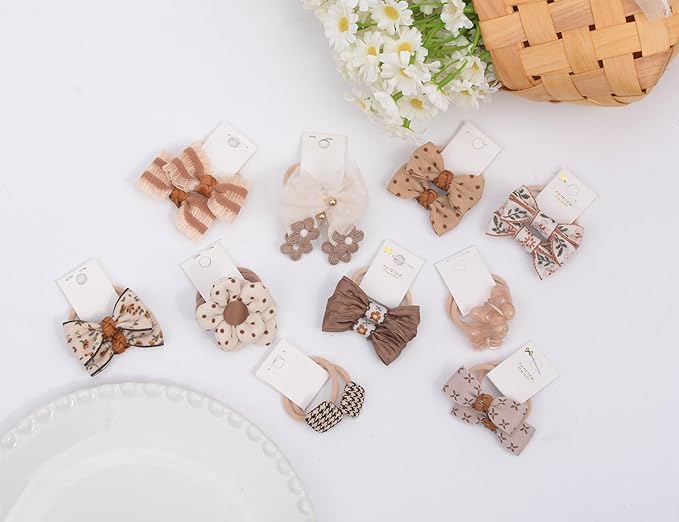 Boutique Hair Ties, 20 Pcs (10pairs) Hair Accessories with Bows, 1.2 Inch Hair Ties for Baby Girls, Toddler Hair Bows, Elastics Ponytail Holders for Kids Under 4 Years Old (Set-E)