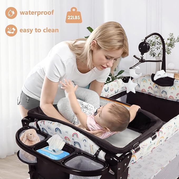 Kinder King 4 in 1 Portable Baby Playard, Foldable Baby Bedside Crib w/Bassinet, Infant Pack and Play Playard Toddler Large Playpen, Newborn Changing Table, Storage Basket,Multicolour