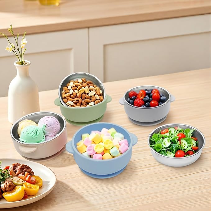 4 Pack Stainless Steel Baby Bowls with Suction, 2-in-1 SUS304 Toddlers Bowl & Removable Silicone Suction Kids Bowl Anti Scald Non Toxic Snack Container for Baby Food Feeding
