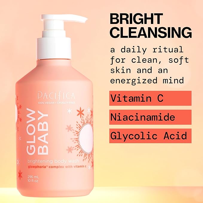 Pacifica Glow Baby Brightening Body Wash – Vitamin C & AHA Exfoliating Body Wash for Glowing Skin, Moisturizing Daily Shower Gel for Dull Dry Skin, Niacinamide & Kakadu Plum, Vegan, 10 oz
