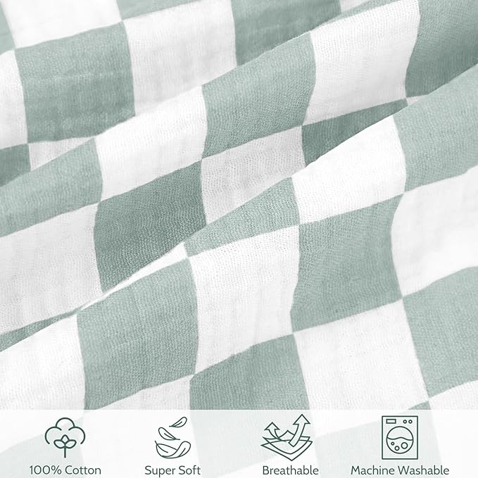 SWESEN Muslin Nursing Pillow Cover, Soft Removable Cover for Breastfeeding Pillows, Pillow Slipcover for Baby Boys and Girls, Comfortable & Breathable, Green Plaid, (Only Cover)