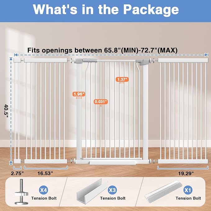 65.7"-72.2" Extra Wide Baby Gate, 40.5" Tall Dog Gate Indoor,Walk Through Pet Gates for Doorways Kitchen No Drilling Auto Close Pressure Mounted Safety Child Toddler Gate, White