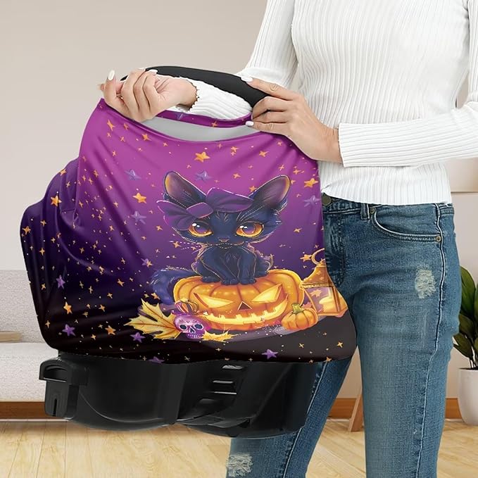Binienty Black Cat Car Seat Covers for Babies Galaxy Pumpkin Cats Moon Nursing Covers Stretchy Breastfeeding Scarf Multi Use Carseat Covers for Stroller