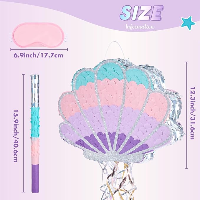 Wernnsai Mermaid Seashell Piñata - Pink Shellfish Pinatas for Kids Girls Birthday Mermaid Princess Party Decorations Under The Sea Ocean Theme Party Games With Bat Blindfold 16“ x 12.5" x 3"