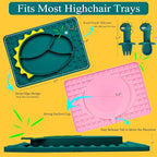 Silicone Toddler Dinosaur Feeding Placemat Set With Spoon and Forks, Baby Push Pop Bubble Suction Divided Plate Utensils, Kids Led Weaning Dish - Bubble Blue Dinosaur