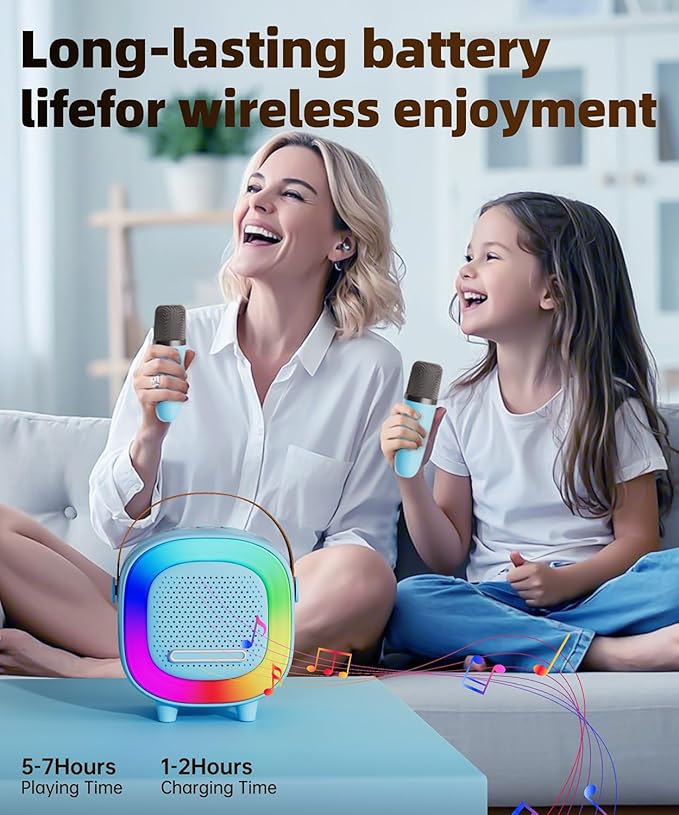 Mini Karaoke Machine Speaker for Kids Adults, Portable Bluetooth with 2 Wireless Microphones, Children's Day Birthday Gift Ideas for Toys for Teens Boys and Girls Aged 4, 5, 6, 7, 8, 9, 10, 11, 12+