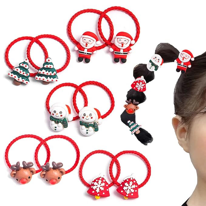 Baby Hair Ties No Damage Christmas Accessories for Little Girls, 10Pcs Red Ponytail Holders for Toddler Kids Thin Hair, Cute Elastic Bands With Santa Clause Snowman Xmas Tree Reindeer