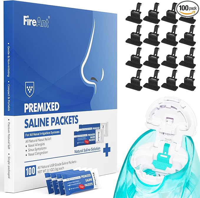 FireAnt 100 Saline Packets and 16 Pack Silicone Saline Pods Refills Set, Compatible with Navage Nasal Care — Includes 100 Count Salt Packets Sinus Rinse + 16 Reusable Salt Pads in Black