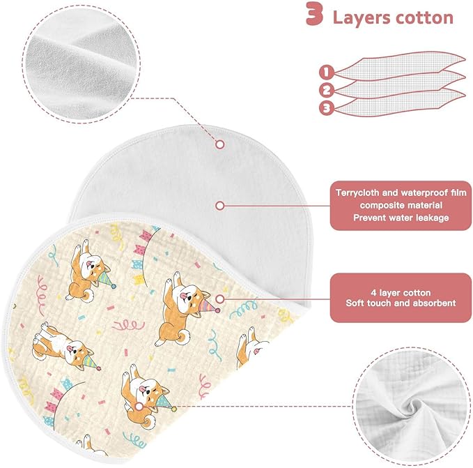 2 Pack Muslin Burp Cloths Shiba Dogs Party Beige Cotton Baby Burp Cloths Extra Absorbent and Soft Burping Cloth for Baby Boys Girls 22x11 Inch