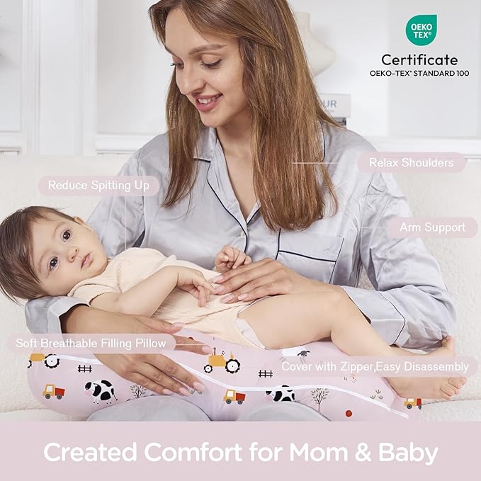 Little Grape Land Nursing Pillow for Breastfeeding, Breathable Breast Feeding Pillow and Positioner with Removable Cover for More Support, Tummy Time and Bottle Feeding Support Pillow, Pink Ranch