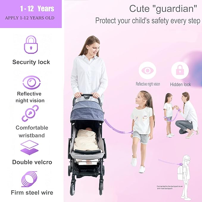 Toddler Harness Walking Leash- Child Anti Lost Wrist Link - Child Safety Harness - Upgrade with Reflective(6.5ft) - for Boys and Girls,Not Easy to Open Without Key (Purple)