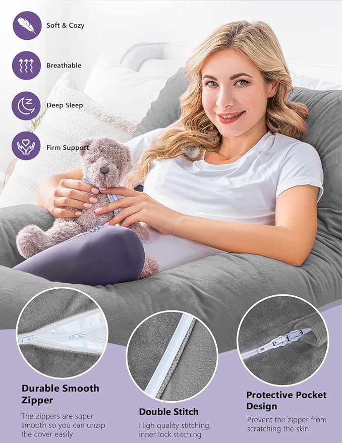 Meiz Pregnancy Pillow, U Shaped Pregnancy Body Pillow with Zipper Removable Cover (Gray- Velvet)