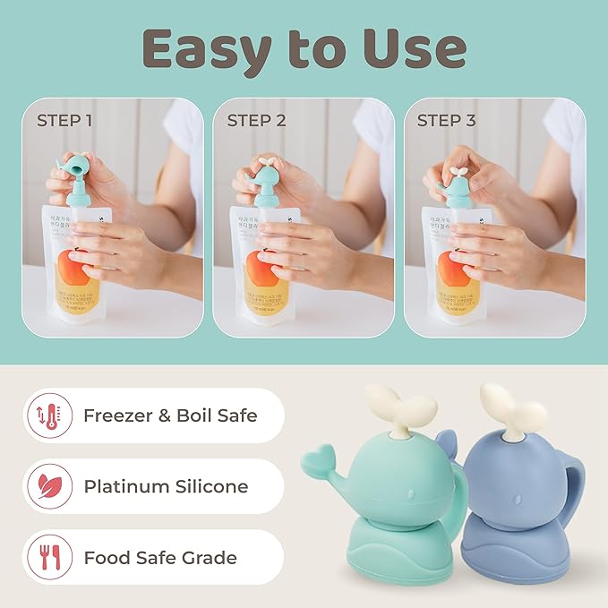 Whale SoftSip Food Pouch Topper | 2EA + Travel Case | Prevent Spills & Leakage | Protect Child Baby Toddler Mouth | Food Grade Silicone Reusable | Baby Led Weaning | BPA Free| Mint+Blue