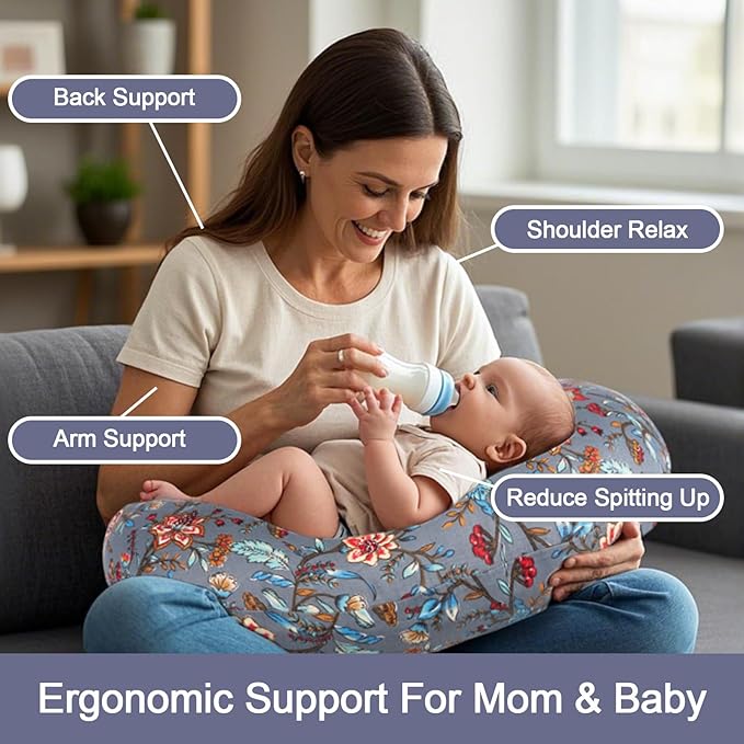 Nursing Pillow, Breastfeeding Pillow with Removable Cover, Ergonomic Breast Feeding Pillow, Baby Feeding Support Cushion for Mom Easier Breastfeeding- Original Size/Peony