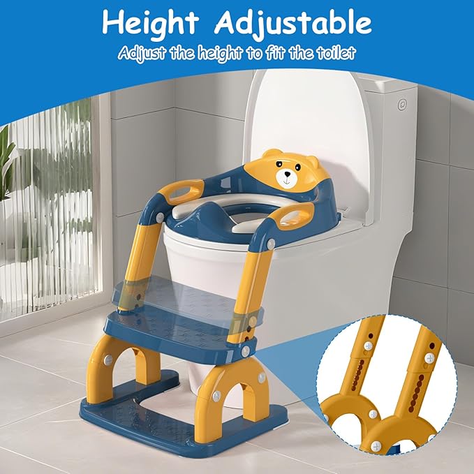 Potty Training Seat with Step Stool for Toddlers - Upgrade 2-in-1 Toilet Seat Toilet Ladder for Kids Children Boys Girls, Anti-Slip Pad & Adjustable Height with Waterproof - Dark Blue