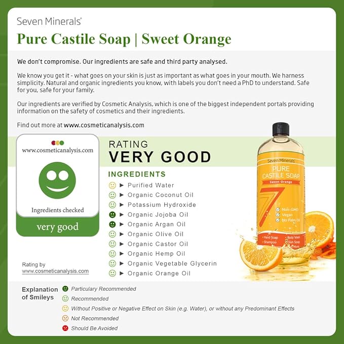 Pure Castile Soap, Sweet Orange - No Palm Oil, GMO-Free - Gentle Liquid Soap For Sensitive Skin & Baby Wash - All Natural Vegan Formula with Organic Carrier Oils (33.8 fl oz)
