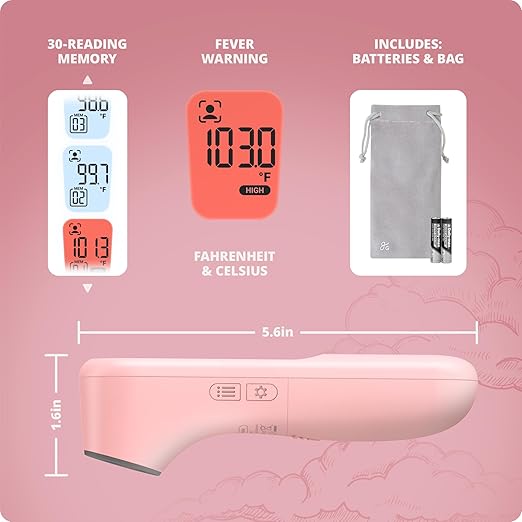 Greater Goods No-Touch Infrared Digital Thermometer for Adults, Kids, and Babies, Forehead Thermometer with Ergonomic Grip, Fever Alarm, HSA FSA Eligible, Blush Pink