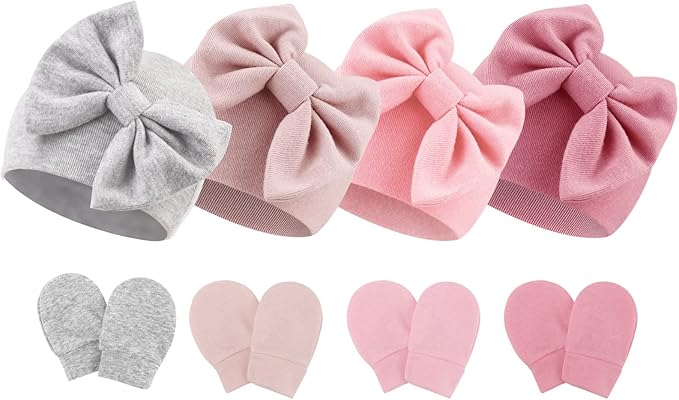 BQUBO Newborn Baby Hats Mittens Set Hospital Hat Beanie Infant Bow Hats Baby Gloves No Scratch Mittens for 0-6 Months