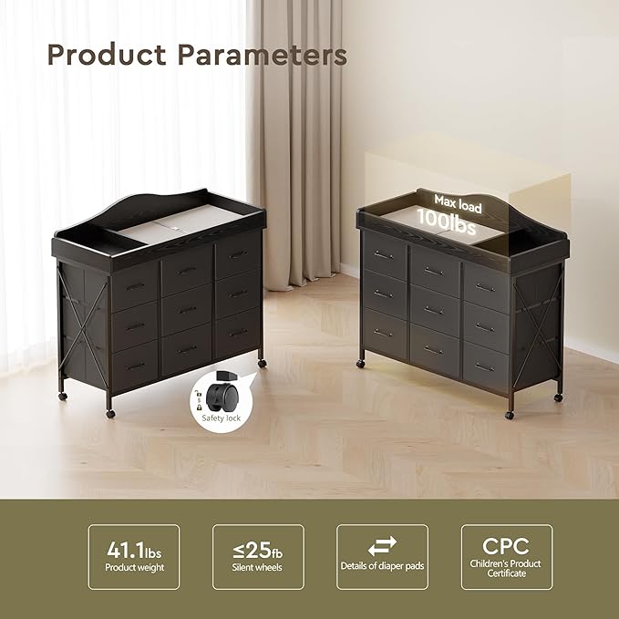 Baby Changing Table with 9 Fabric Drawers, Waterproof Diaper Changing Station & Pad, Mobile Nursery Diaper Changing Table, Baby Furniture, Bedroom, Black