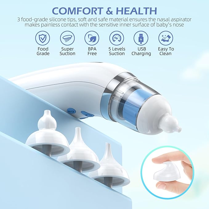 Nasal Aspirator for Baby with Light and Music, Electric Babies Nose Sucker with 3 Soft Silicone Tips, 5 Levels Suction Adjustment Nose Cleaner for Kids Girl Boy Adult Pets