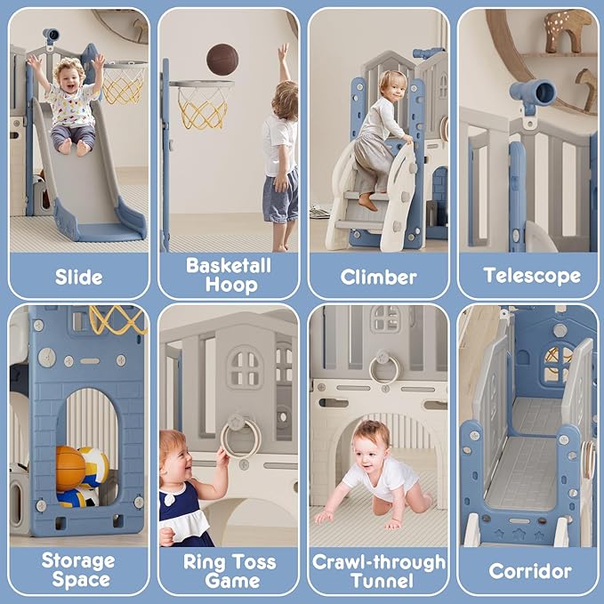 YUFU 8 in 1 Toddler Slide Set, Kids Slide for Toddlers Age 1-3, Toddler Playset with Climber, Basketball Hoop and Ball, Outdoor Indoor Playground for Toddlers 1-3 (Blue+Gray)