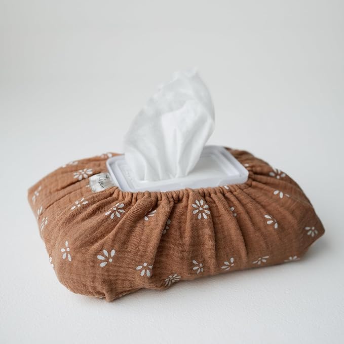 Baby Wipes Cover – Universal Size, One Size Fits All Wipes Packages | Muslin Cotton Tissue Cover for Nursery, Diaper Bag & Changing Table, Station | Gingham & Neutral Patterns (Caramel Daisy)