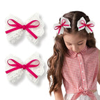 2pcs Lace Hair Bows for Girls, White Lace with Hot Pink Hair Ribbons, Alligator Bow Hair Clips, Handmade Hair Accessories for Girls
