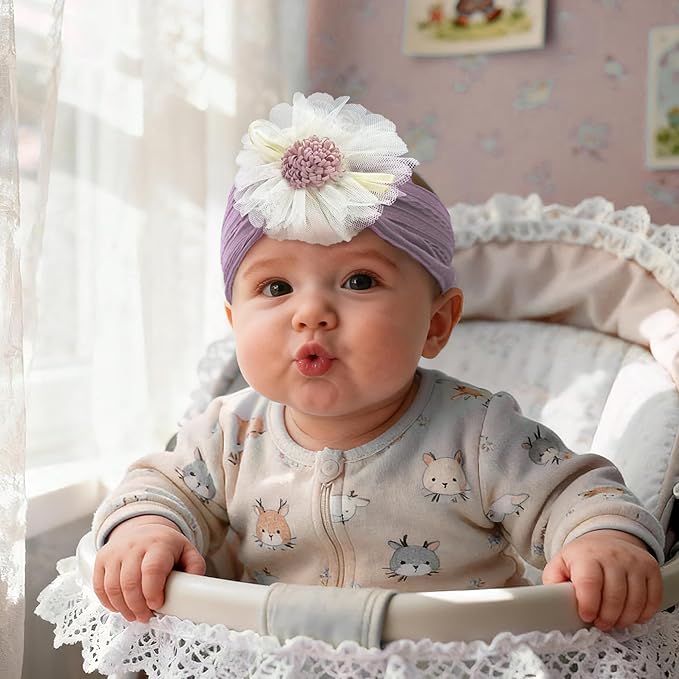 Baby Girls Sunflower Headbands, 3 Pack Baby Hairband Hair Bows Lace and Stretchy Elastic Accessory for Newborn Infants Toddlers (Purple+Blue+Pink, One Size(Stretchy))
