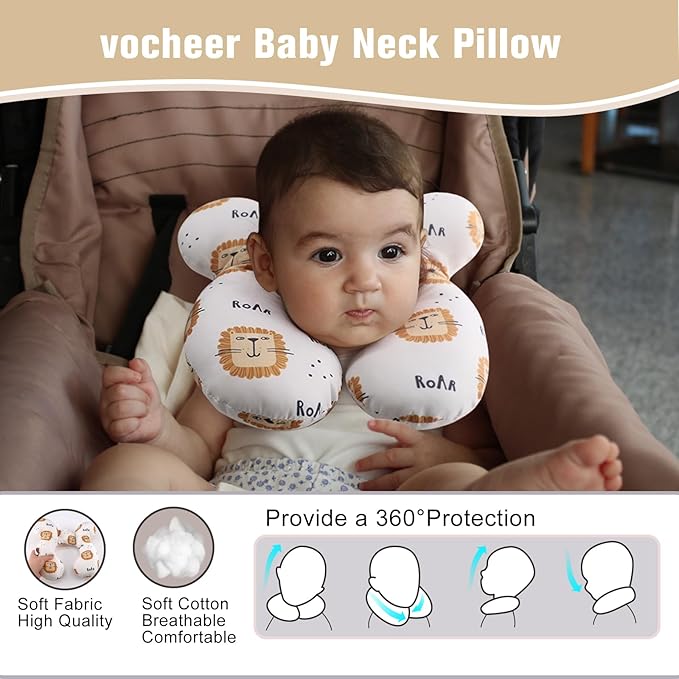 vocheer Baby Travel Pillow(Upgraded), Head and Neck Support Pillow for Pushchair, Car Seat,Stroller, Bouncer, Cotton, Lion
