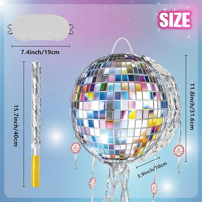 WERNNSAI Disco Ball Piñata - Disco Party Decoration Pull String Mirror Piñata with Bat and Blindfold for Adult Birthday Party Supplies