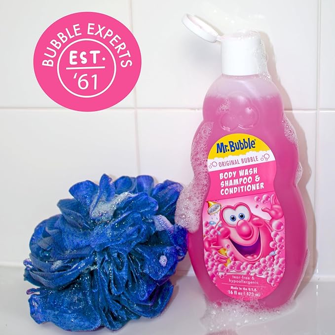 Mr. Bubble Kids Original 3in1 Shampoo, Conditioner, Body Wash – Hypoallergenic, Tear Free Bubble Gum Scented, Creates Big Bubbles In The Tub And Shower (Pack Of 2 Bottles, 16 fl oz Each)