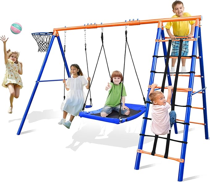 5-in-1 Heavy-Duty Metal Swing Set for Backyard - 500lb Capacity Outdoor Playset with Basketball Hoop & Climbing Rope