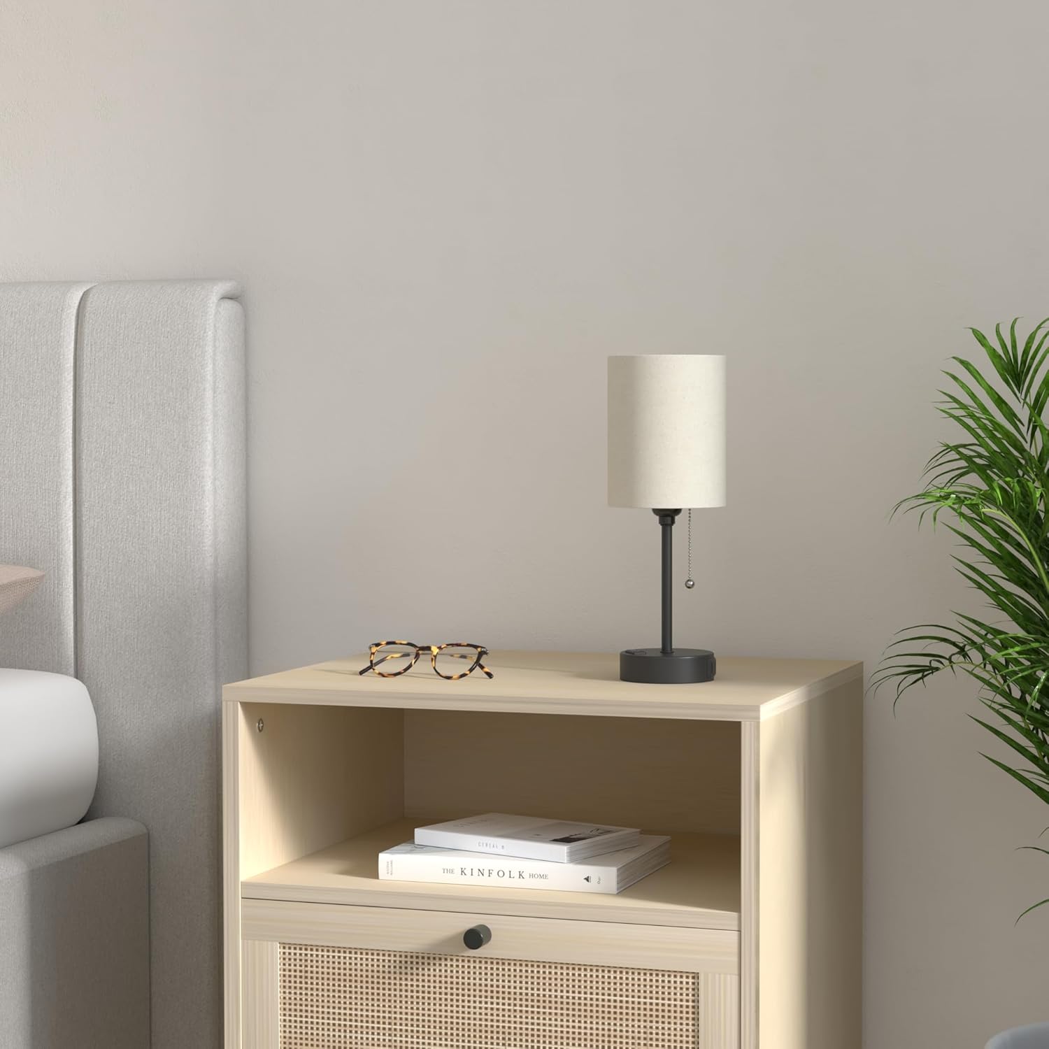 Beige Small Lamps 3 Levels Brightness - 2700K 3500K 5000K Bedside Lamps with USB C and A Ports, Pull Chain Table Lamps with AC Outlet, Nightstand Lamps with Black Metal Base for Bedroom Kids Reading
